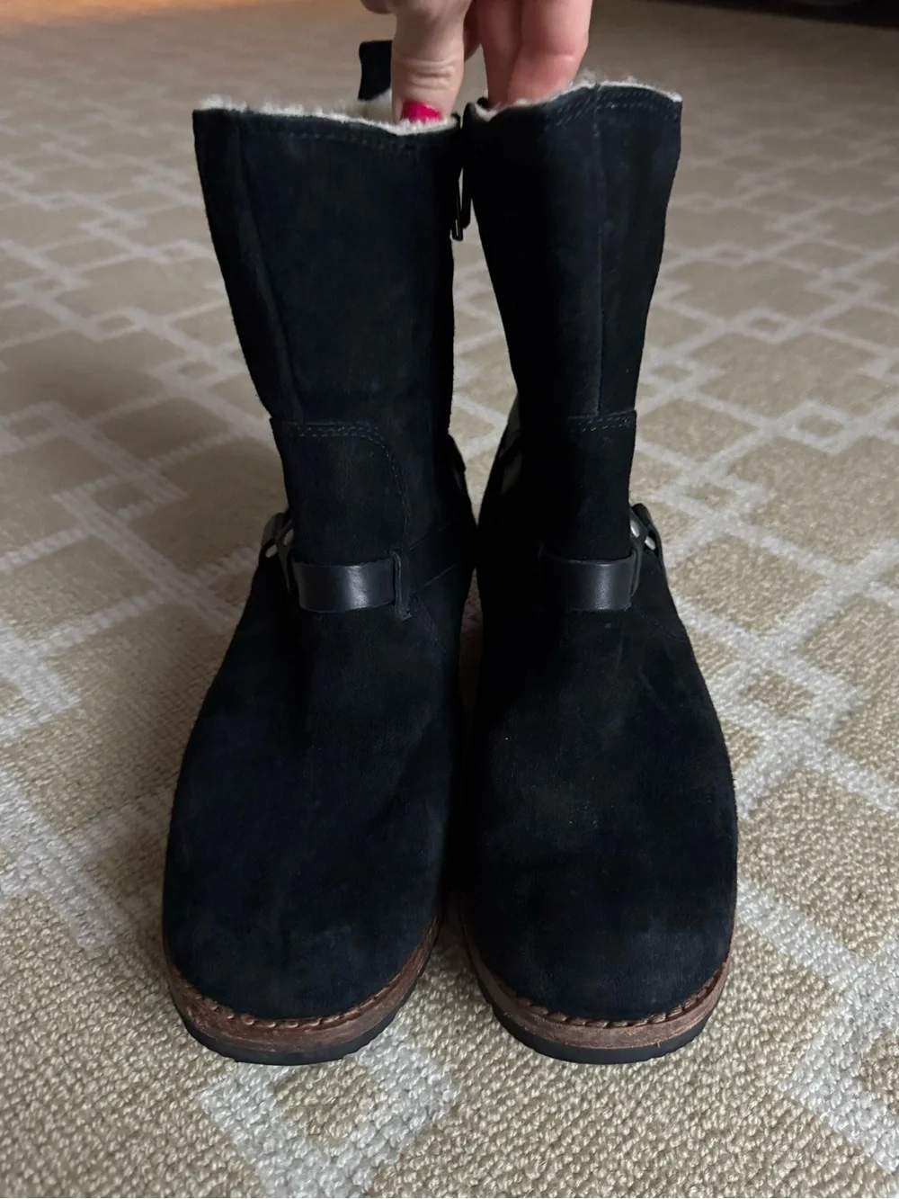 UGG Endell Suede Shearling Moto Biker Harness Boots Black Size 8